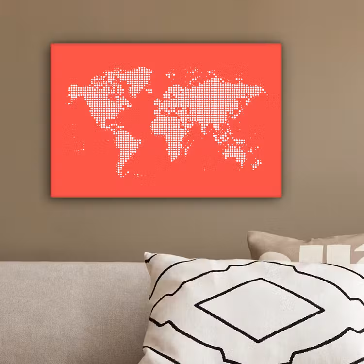 Vierkanten - Wereldkaart - Rood canvas 2cm klein -sfeer3