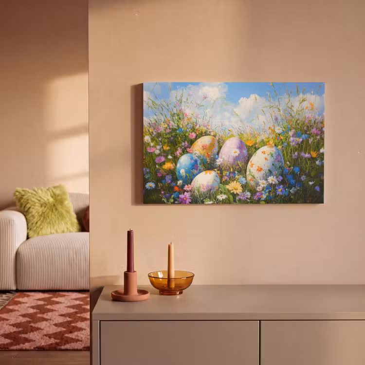 Grasveld - Eieren - Bloemen canvas 2cm klein -sfeer1