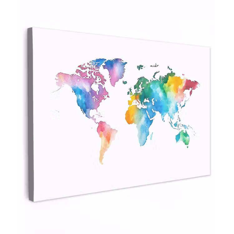 Regenboog - Wereldkaart - Aquarel canvas 2cm klein -z3d