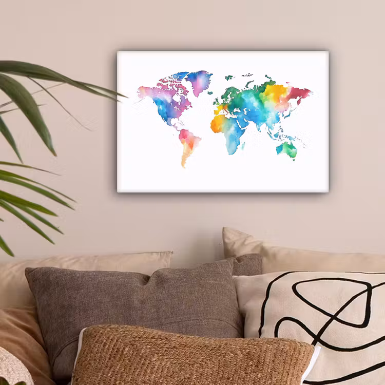 Regenboog - Wereldkaart - Aquarel canvas 2cm klein -sfeer1