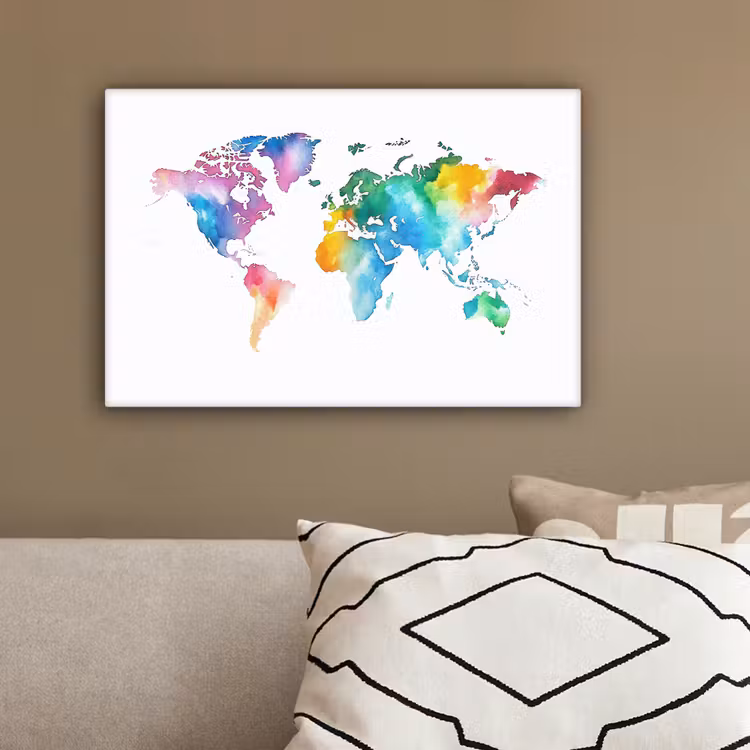 Regenboog - Wereldkaart - Aquarel canvas 2cm klein -sfeer3