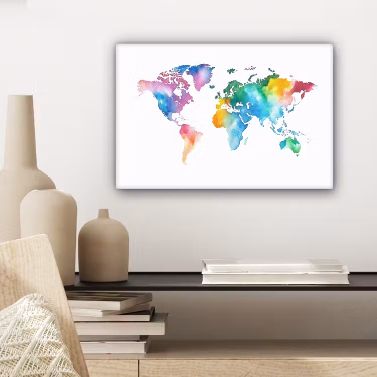 Regenboog - Wereldkaart - Aquarel canvas 2cm klein -sfeer6
