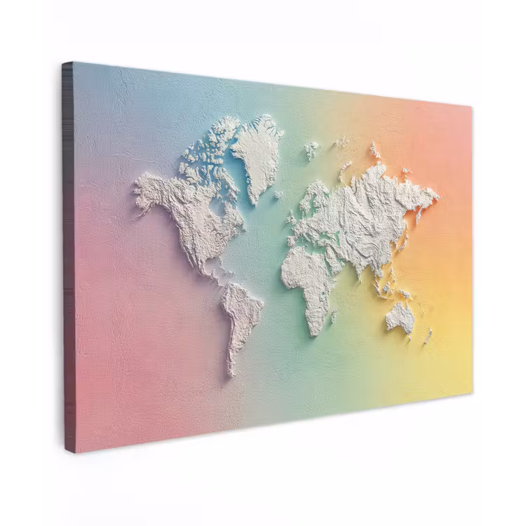 Regenboogkleuren - Wereldkaart - Zacht - Continenten canvas 2cm klein -z3d