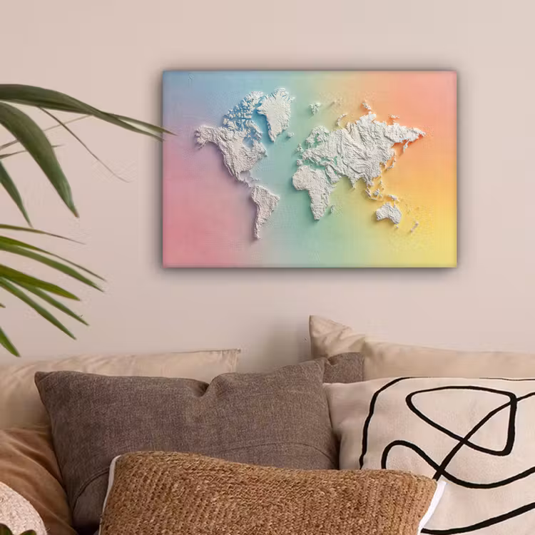 Regenboogkleuren - Wereldkaart - Zacht - Continenten canvas 2cm klein -sfeer1