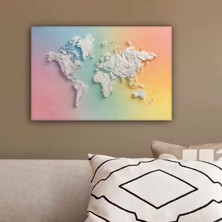 Regenboogkleuren - Wereldkaart - Zacht - Continenten canvas 2cm klein -sfeer3