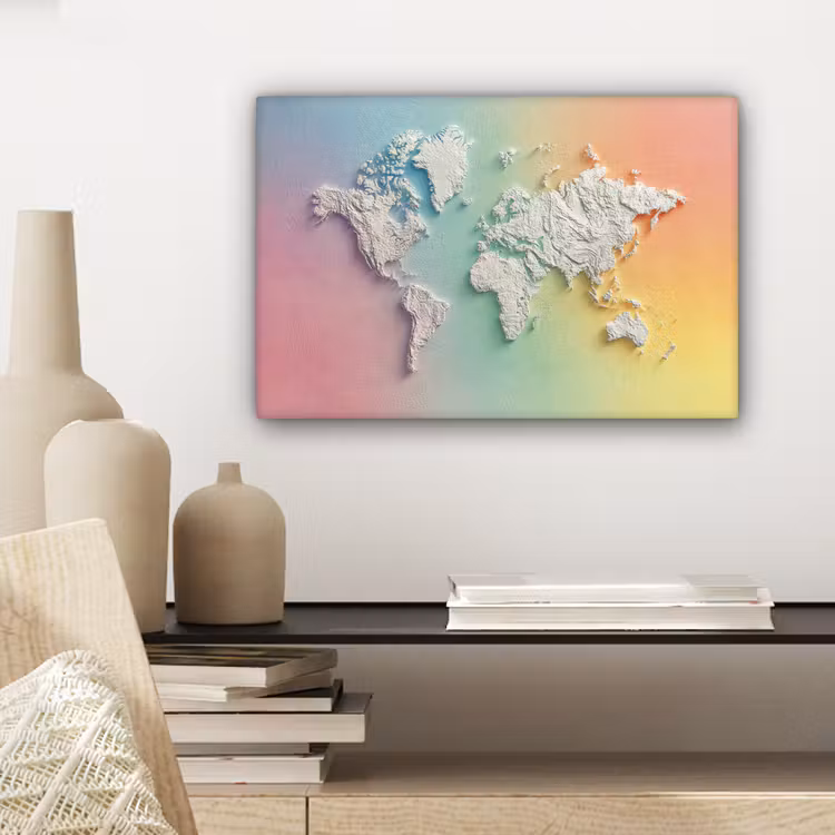 Regenboogkleuren - Wereldkaart - Zacht - Continenten canvas 2cm klein -sfeer6
