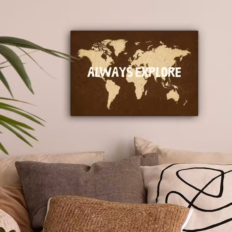 Reizen - Wereldkaart - Bruin canvas 2cm klein -sfeer1
