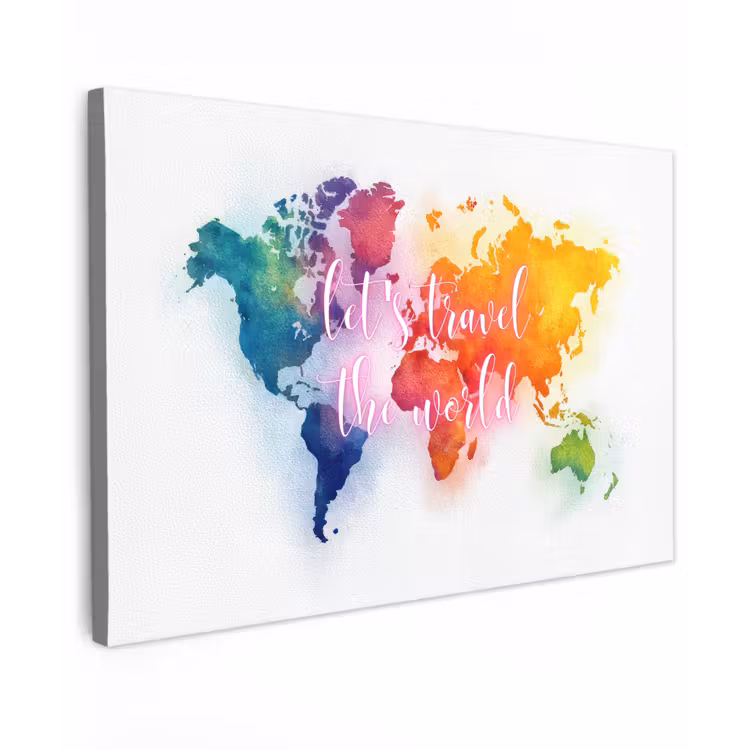 Travel - Quote - Regenboog - Wereldkaart canvas 2cm klein -z3d