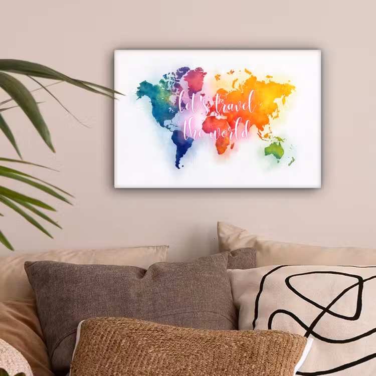 Travel - Quote - Regenboog - Wereldkaart canvas 2cm klein -sfeer1