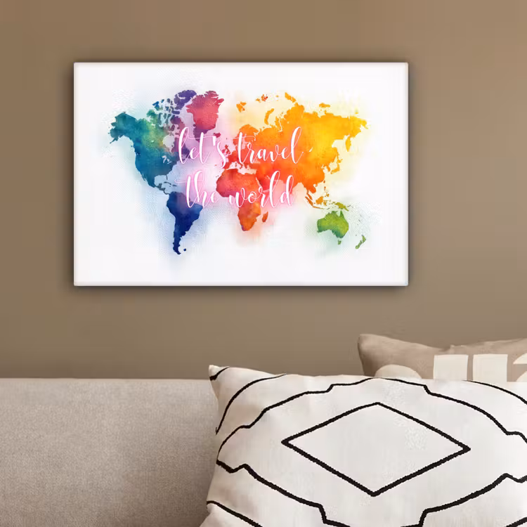 Travel - Quote - Regenboog - Wereldkaart canvas 2cm klein -sfeer6
