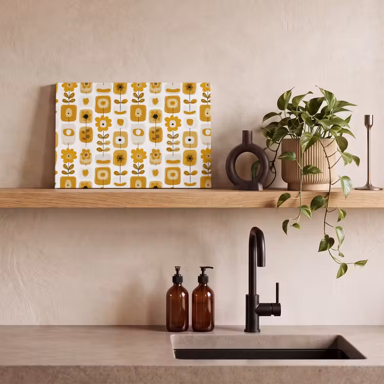 Retro - Abstract - Bloemen - Okergeel canvas 2cm klein 34 -sfeer3