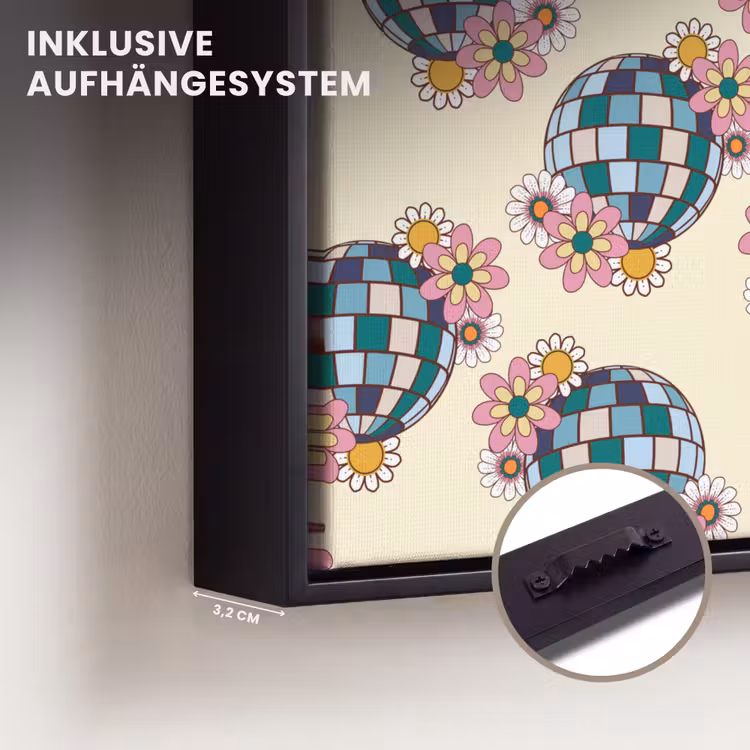 Retro - Disco - Bloemen - Discobal Canvas met baklijst klein 1124 -closeup_ophangsysteem_DE