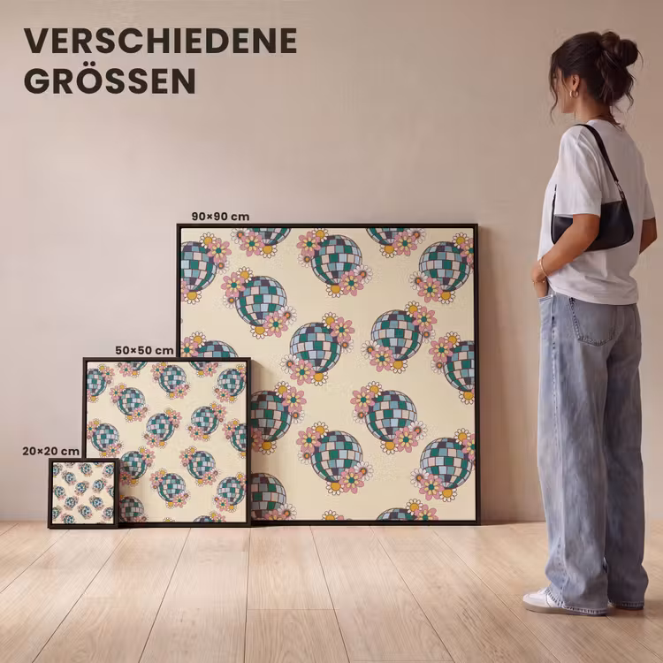 Retro - Disco - Bloemen - Discobal Canvas met baklijst klein 1124 -comparison_formatenoverzicht_DE