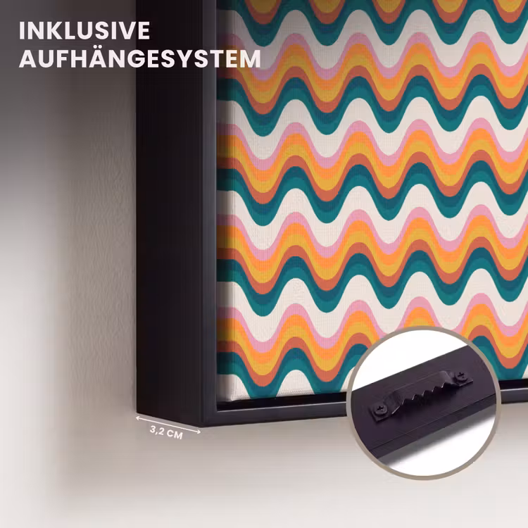 Retro - Disco - Golven - Kleur Canvas met baklijst klein 1124 -closeup_ophangsysteem_DE