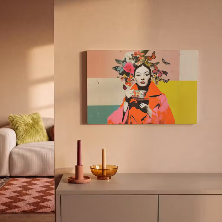 Retro - Vrouw - Kopje - Vlinders canvas 2cm klein -sfeer1