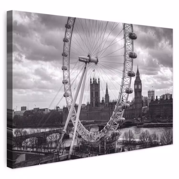 Reuzenrad - Klokkentoren - Architectuur - Zwart-wit - Stad canvas 2cm klein -3d