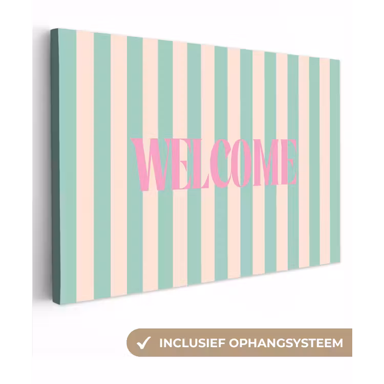 Roze - Groen - Strepen - Welcome canvas 2cm klein -3d