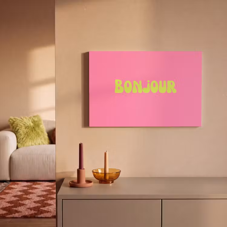 Roze - Groene - Bonjour - Organisch canvas 2cm klein -sfeer1