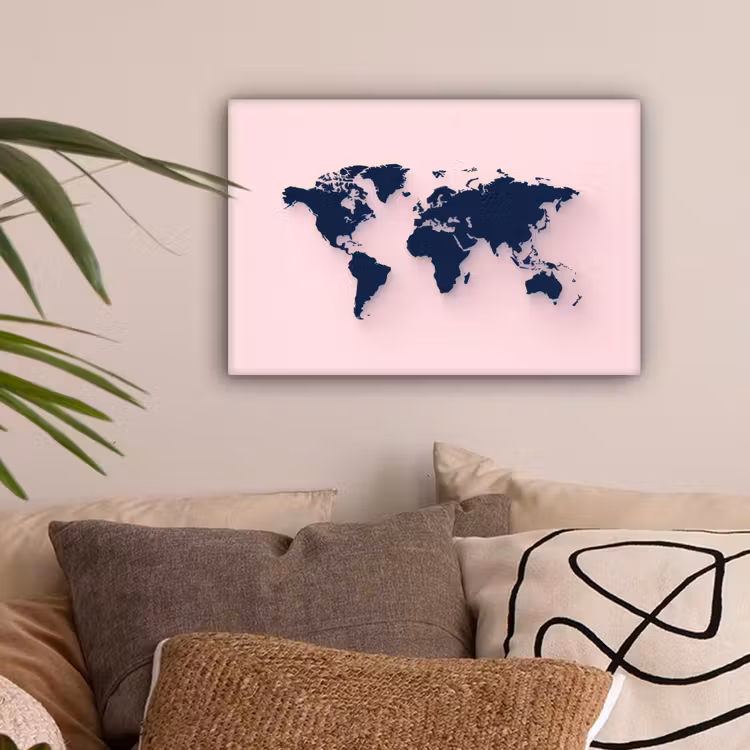 Roze - Contrast - Blauw - Wereldkaart canvas 2cm klein -sfeer1