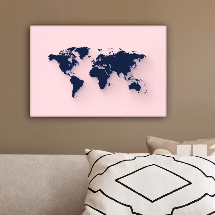 Roze - Contrast - Blauw - Wereldkaart canvas 2cm klein -sfeer3