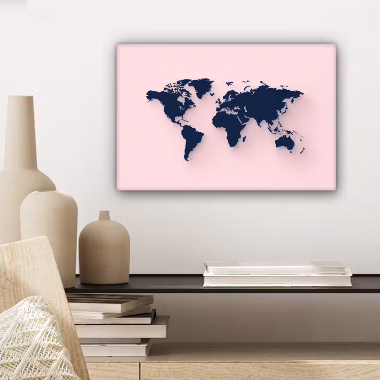 Roze - Contrast - Blauw - Wereldkaart canvas 2cm klein -sfeer6