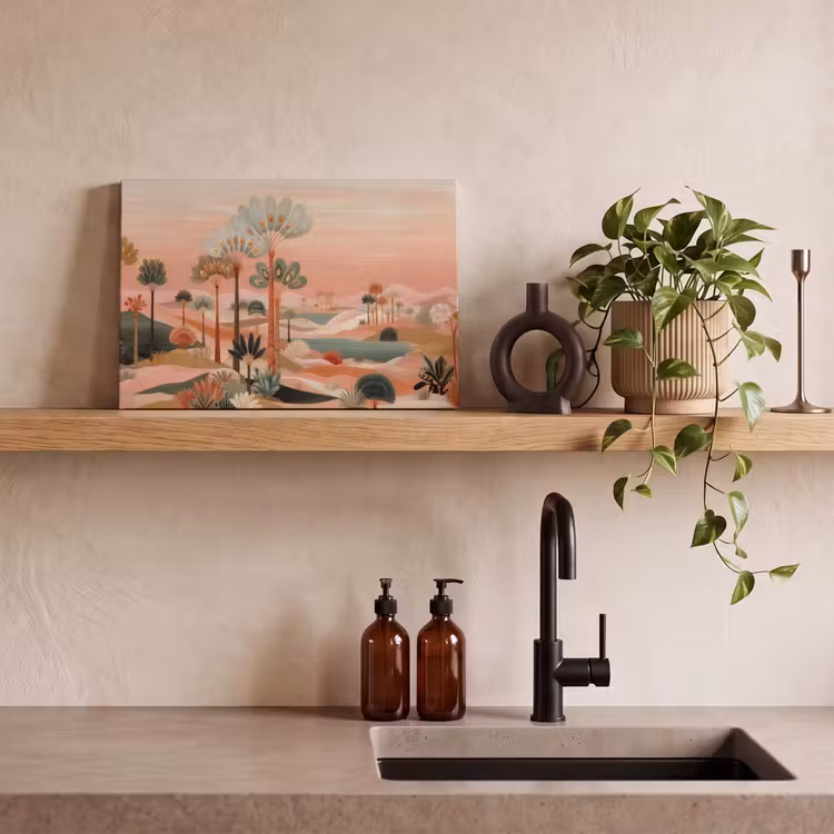 Roze landschap - Palmen - Water canvas 2cm klein -sfeer6