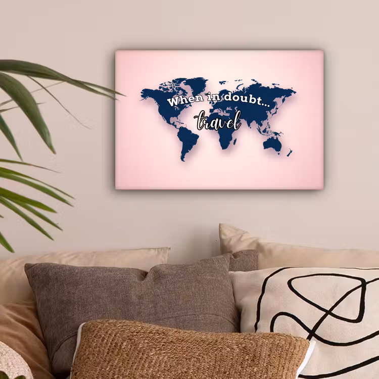 Roze - Quote - Wereldkaart - Travel canvas 2cm klein -sfeer1