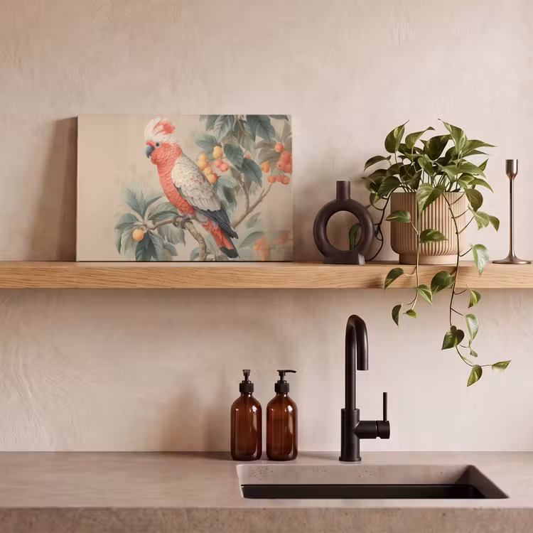 Roze kuifkaketoe - Tak met vruchten - Bladeren canvas 2cm klein -sfeer6