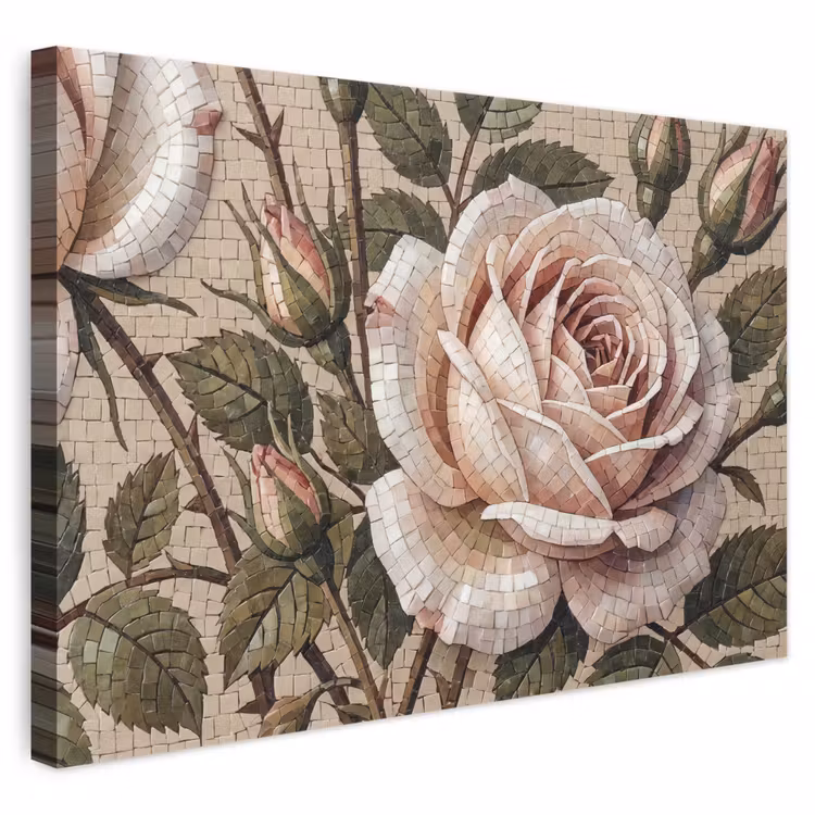 Roos - Mozaïek - Bloemen - Klassiek - Beige canvas 2cm klein -3d