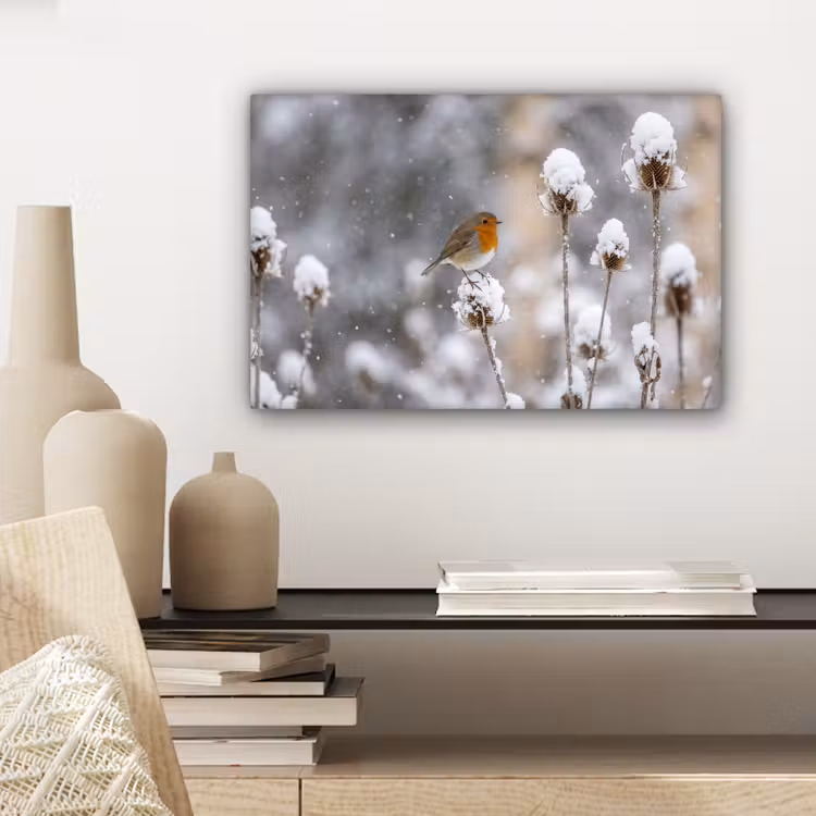 Roodborstje - Gedroogde bloem - Sneeuw - Winter - Vertederend canvas 2cm klein -closeup_print_DE