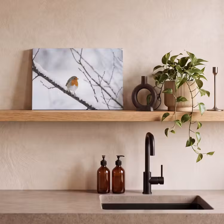 Roodborstje - Tak - Sneeuw - Winter - Levendig canvas 2cm klein -sfeer6