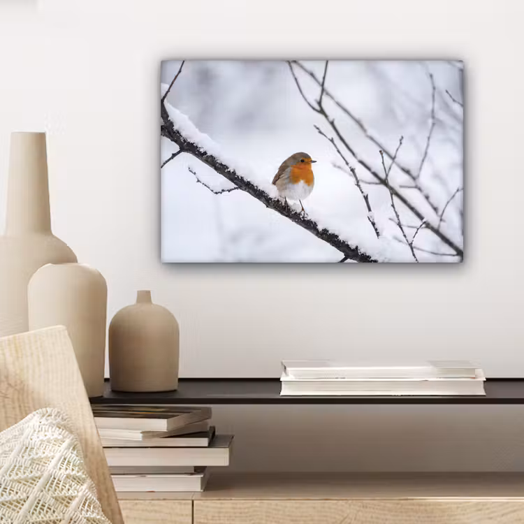 Roodborstje - Tak - Sneeuw - Winter - Levendig canvas 2cm klein -closeup_print_DE