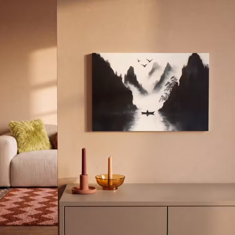 Roeiboot - Mistig - Bergen - Vogels canvas 2cm klein -sfeer1