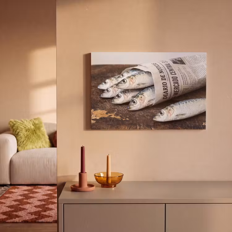 Leinwandbild - Sardine – Zeitung – Schneidebrett - Sardientje - krant - snijplank canvas 2cm klein