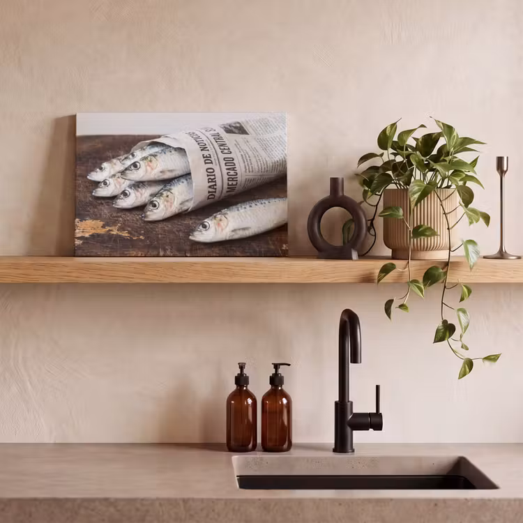 Leinwandbild - Sardine – Zeitung – Schneidebrett - Sardientje - krant - snijplank canvas 2cm klein
