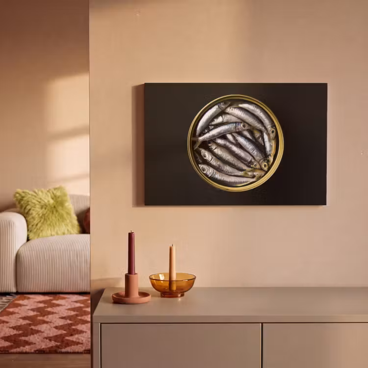 Sardines - Vissen - Rond - Zwart canvas 2cm klein -sfeer1