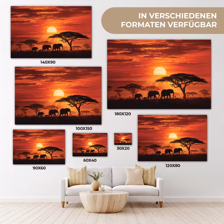 Savanne - Olifanten - Zonsondergang canvas 2cm klein -Xsfeer8_DE