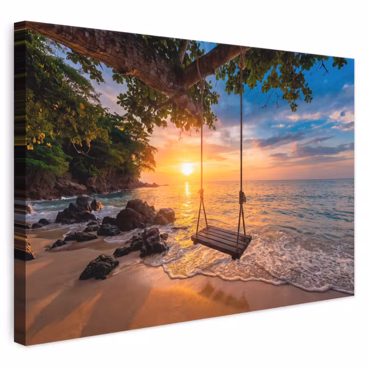 Schommel - Strand - Zonsondergang - Natuur - Oranje canvas 2cm klein -3d