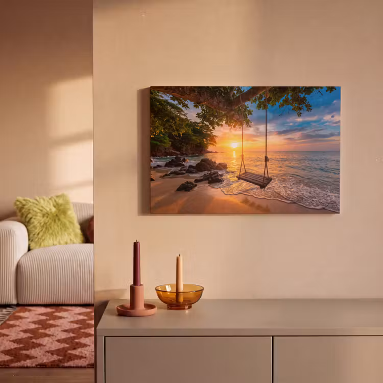 Schommel - Strand - Zonsondergang - Natuur - Oranje canvas 2cm klein -sfeer1