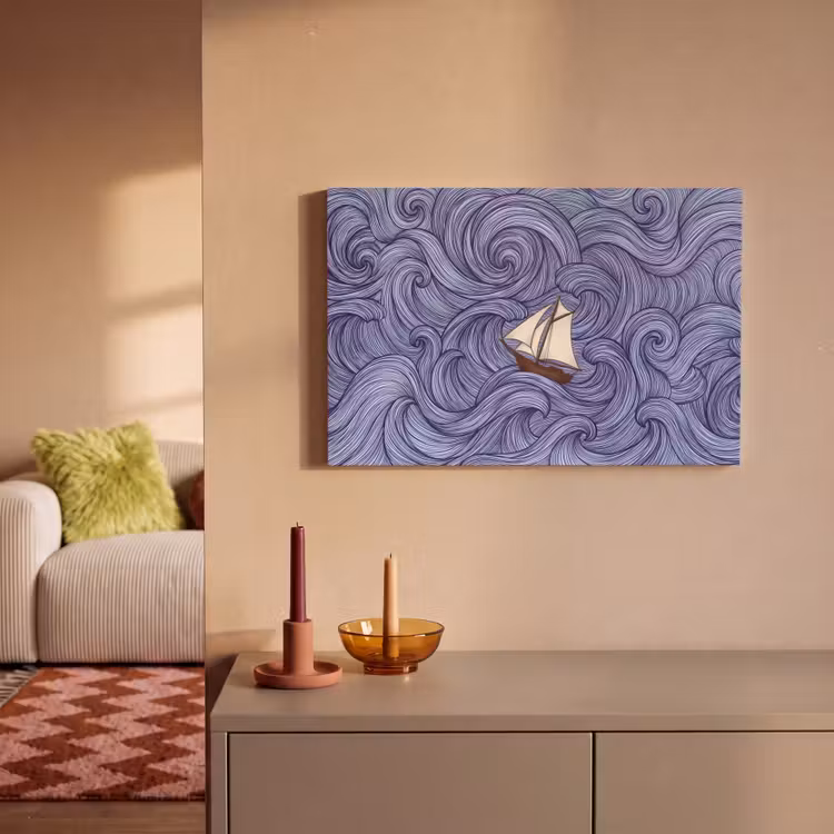 Schip - Golven - Zee - Illustratie - Blauw canvas 2cm klein -sfeer1