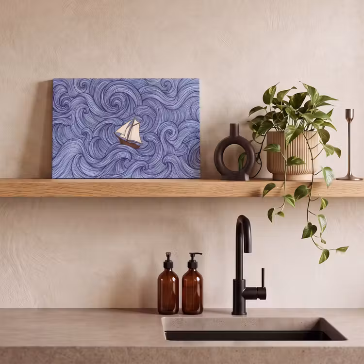 Schip - Golven - Zee - Illustratie - Blauw canvas 2cm klein -sfeer3