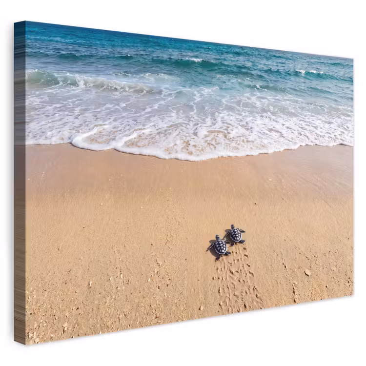 Schildpad - Jong - Strand - Oceaan - Blauw canvas 2cm klein -3d