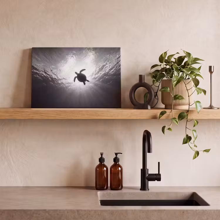 Schildpad - Onderwater - Lichtstralen - Oceaan - Zwart-wit canvas 2cm klein -sfeer3