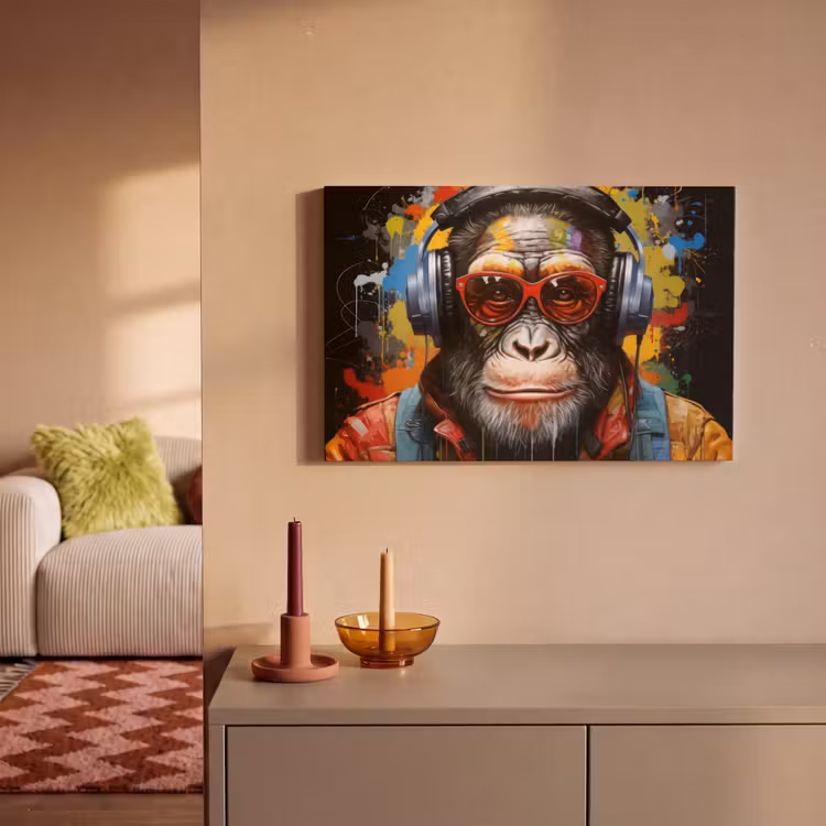 Chimpansee - Aap - dieren - Graffiti - Bril - Koptelefoon - Kleuren canvas 2cm klein -sfeer1
