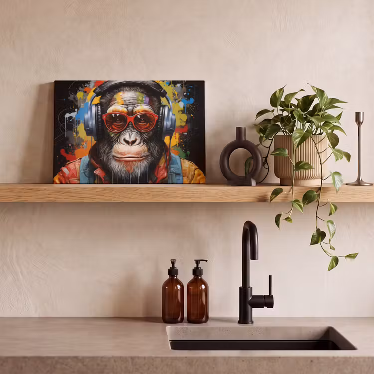 Chimpansee - Aap - dieren - Graffiti - Bril - Koptelefoon - Kleuren canvas 2cm klein -sfeer3