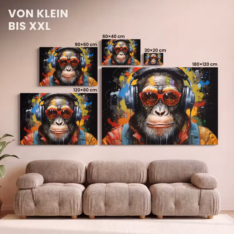 Chimpansee - Aap - dieren - Graffiti - Bril - Koptelefoon - Kleuren canvas 2cm klein -Xsfeer8_DE