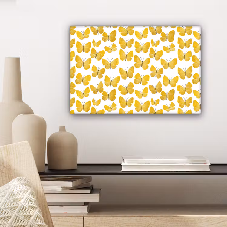 Vlinders - Botanisch - Illustratie - Geel - Wit canvas 2cm klein 34 -sfeer6