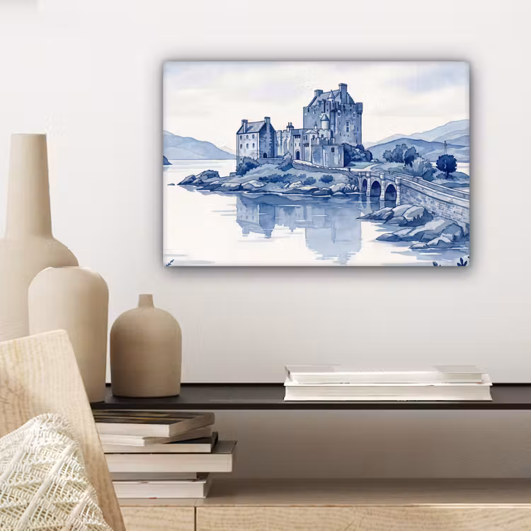Schots - Kasteel - Blauw - Aquarel canvas 2cm klein -sfeer6