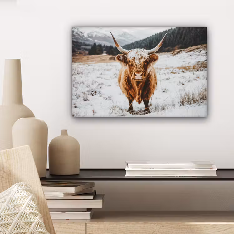 Schotse Hooglander - Landschap - Sneeuw - Bergen - Winter canvas 2cm klein -closeup_print_DE