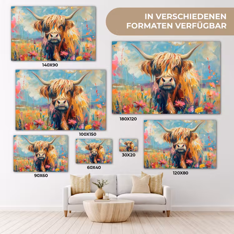 Schotse hooglander - Natuur - Kleurrijk - Bloemen canvas 2cm klein -Xsfeer8_DE